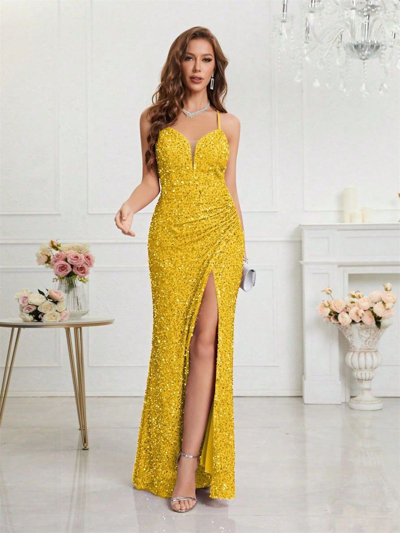 Damenbekleidung Abendkleid Bankett Temperament Schlank Täglich V-Ausschnitt Paillettenkleid_voghion.com