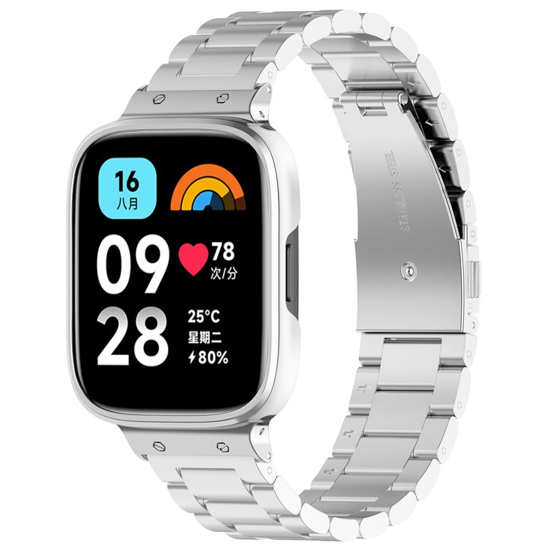 Pro Redmi Watch 3 Lite / Watch 3 Active 2 v 1 kovový řemínek se třemi korálky a rámem hodinek (stříbrný)_voghion.com