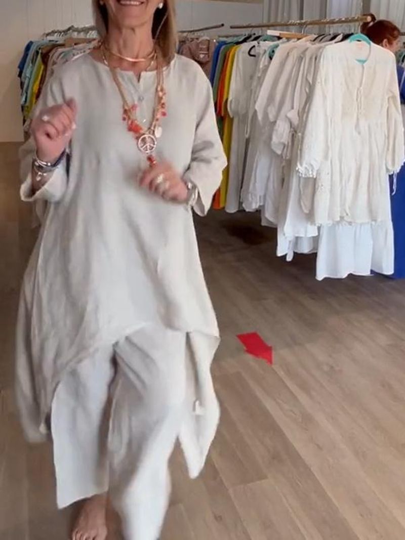 Vêtements pour femmes, couleur unie, costume décontracté à manches longues en coton et lin pour femmes_voghion.com