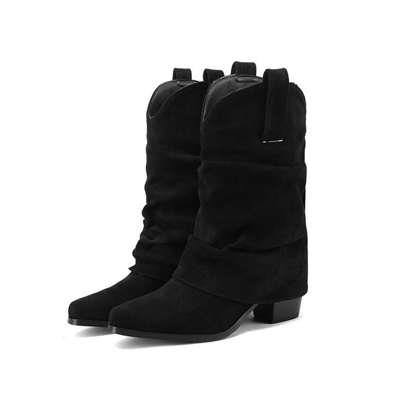 Suede V-top pant boots New pointy chunky high-heeled mid-calf boots for women_voghion.com
