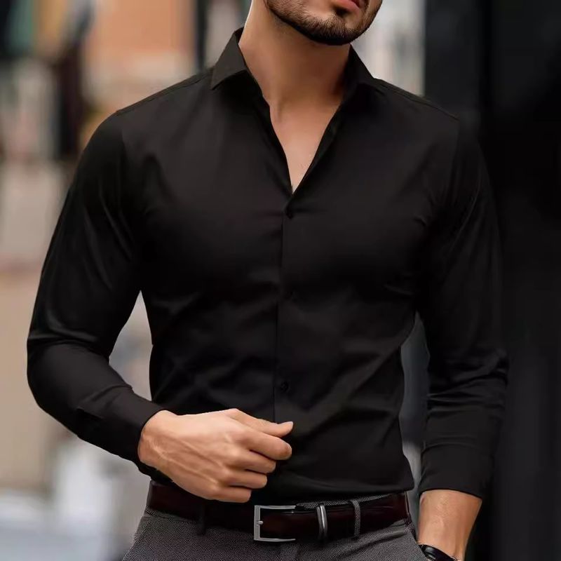 Herenkleding Heren Business Revers Overhemd Effen Kleur Lange Mouwen Casual Overhemd Strijkvrij Pak Overhemd_voghion.com