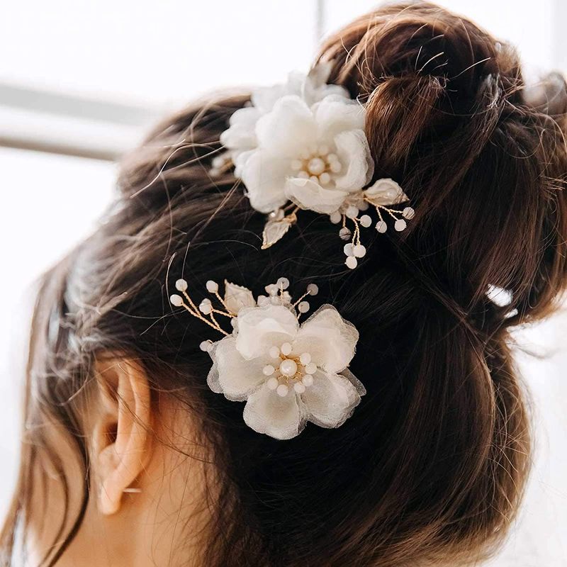 Accessori per capelli da donna, 2 set di forcine in lega con fiori e foglie in filato beige, copricapo transfrontaliero_voghion.com