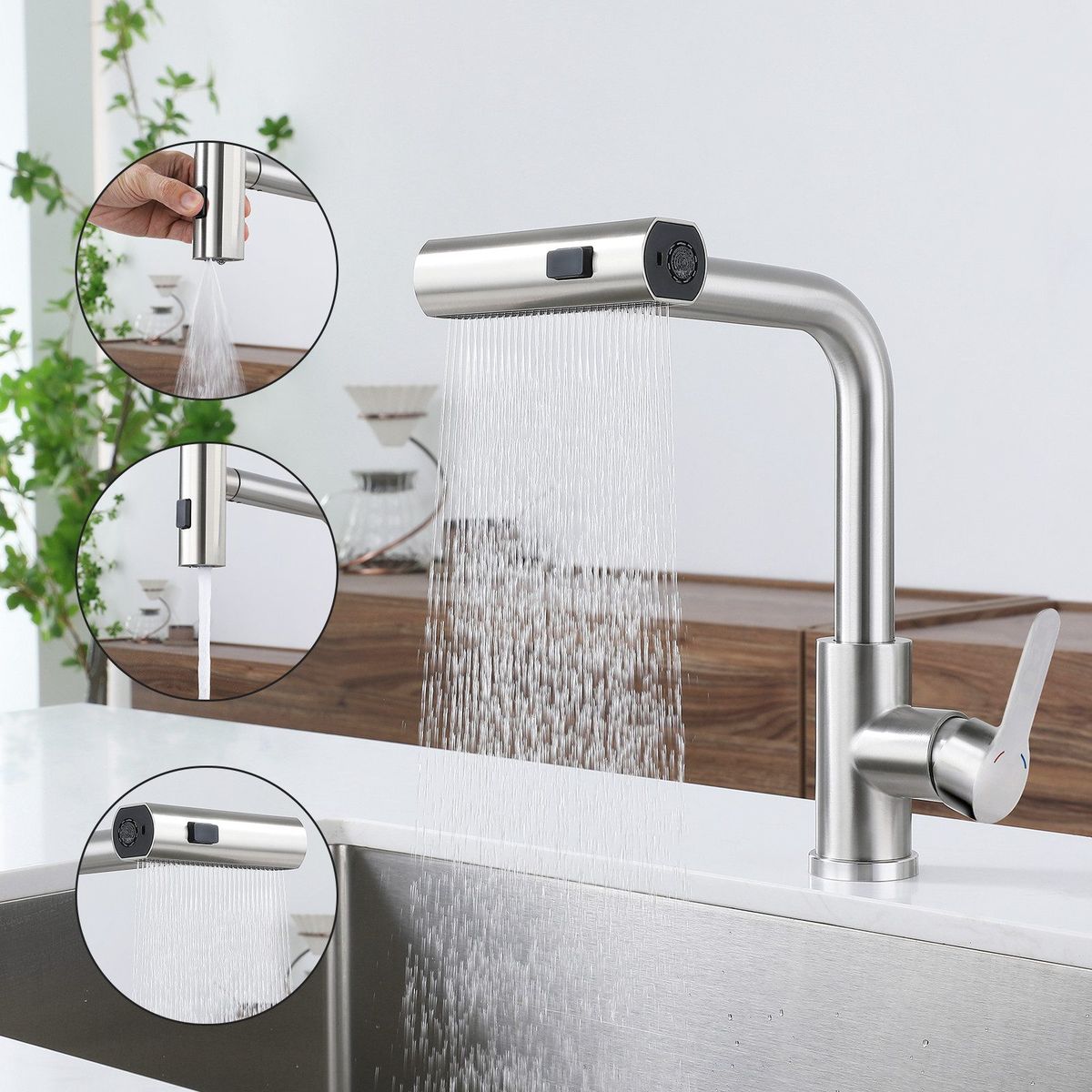 Glitzerlife Wasserhahn Küche Küchenarmatur Ausziehbar - Mischbatterie Mit Brause Spültischarmatur 360° Drehbar Edelstahl Mit 3 Strahlarten Gebürsteter Schwarz_voghion.com
