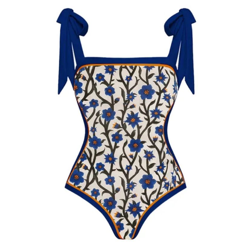 Feminino francês retro impresso maiô de uma peça vestido de férias feminino_voghion.com