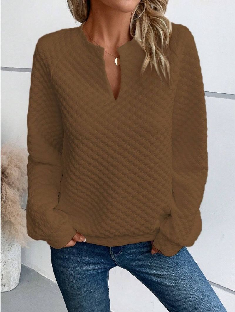 Women's Clothing solid color deep V neck splicing long sleeved women's casual sweatshirt_voghion.com