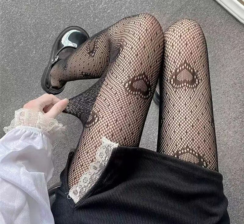 Silk Stockings Black Peach Heart Women's Thin Pantyhose Sexy Lace Bottoming Stockings_voghion.com