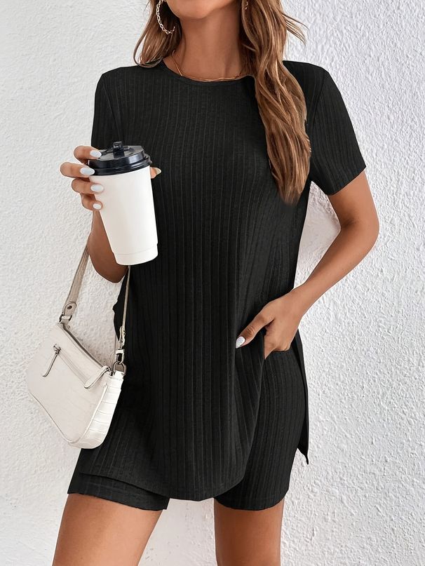 Zen Split-Hem Lounge Set – Organic Cotton Slub Jersey (5/7 Sleeve + Bermuda Shorts, Kyoto Dye Wash, 3 Neutral Tones)_voghion.com