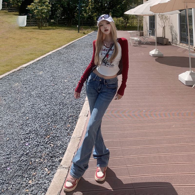 Ropa de mujer Otoño e invierno Retro Hot Girl Pantalones acampanados de cintura baja Vaqueros elásticos ajustados simples y versátiles_voghion.com
