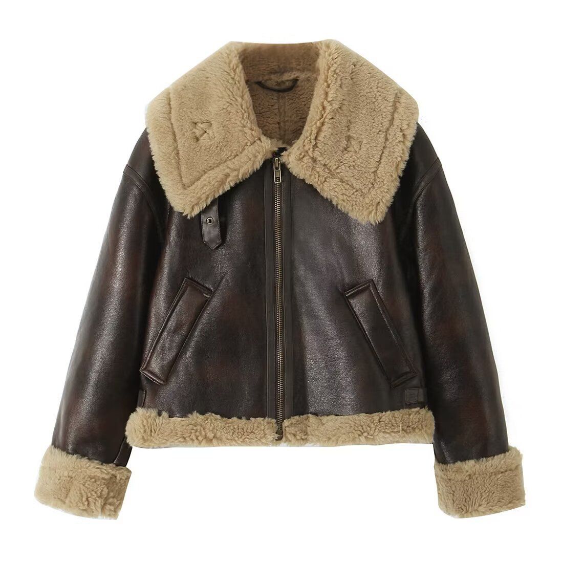 Women's Faux Fur & Fleece Bomber Jacket - Winter Fashion Outerwear, Street Style, Loose Fit, Short Length, Zip-Up, Deep Brown_voghion.com