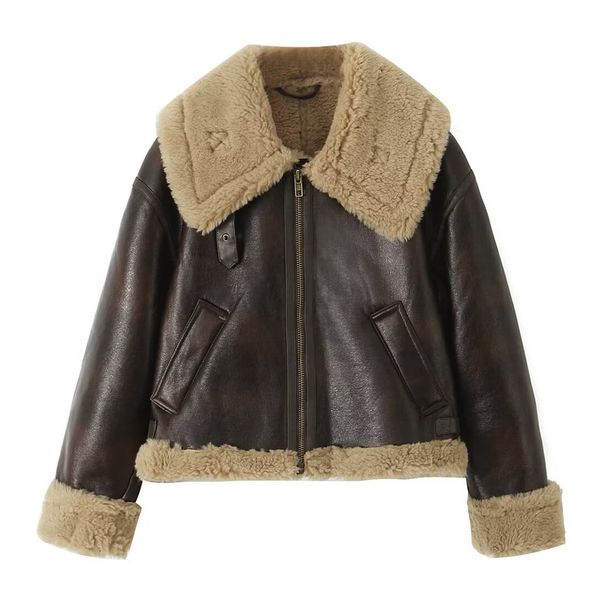 Women's Faux Fur & Fleece Bomber Jacket - Winter Fashion Outerwear, Street Style, Loose Fit, Short Length, Zip-Up, Deep Brown_voghion.com