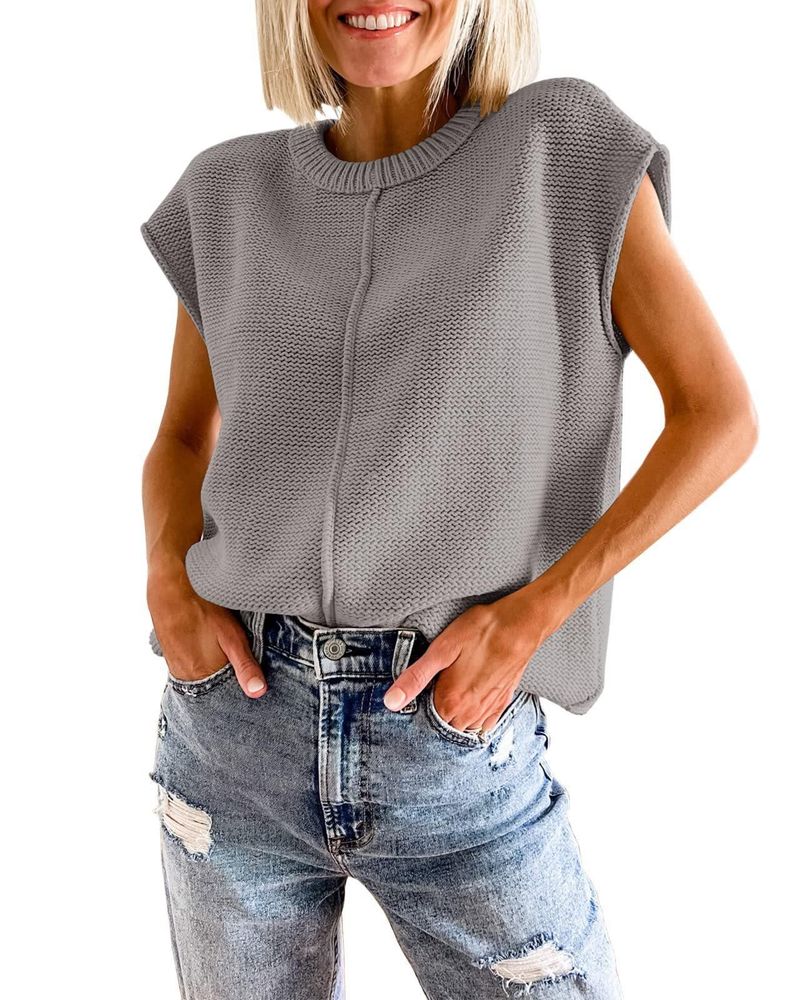Pull sans manches à col rond pour femme, pull tricoté avec haut_voghion.com