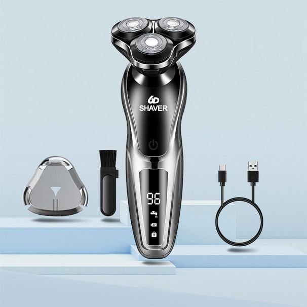 6D Floating Electric Shaver – 3D Rotary Blades, LED Display, IPX7 Waterproof, Ultra-Quiet (<36dB), USB Rechargeable (Silver A109)_voghion.com