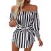Women's Clothing fashion loose off shoulder lantern sleeve asymmetrical hem striped shirt_voghion.com