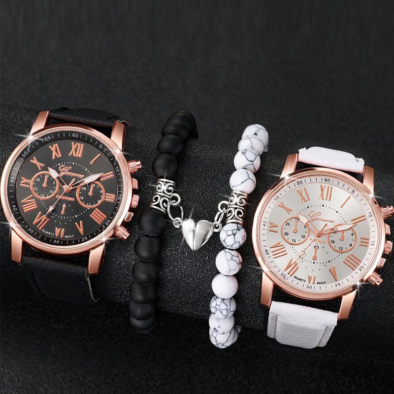 4 Stück/Set Uhr römischen Muster Damen Multi-Farbe Strap Rose Gold Quarz Paar Uhren_voghion.com