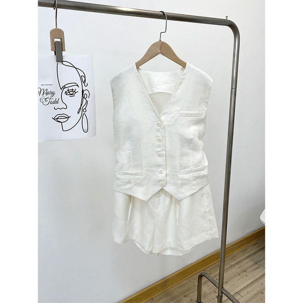 Damenbekleidung Dünner weißer Westenanzug Shorts Anzug Modische ärmellose Weste Jacke für Frauen_voghion.com