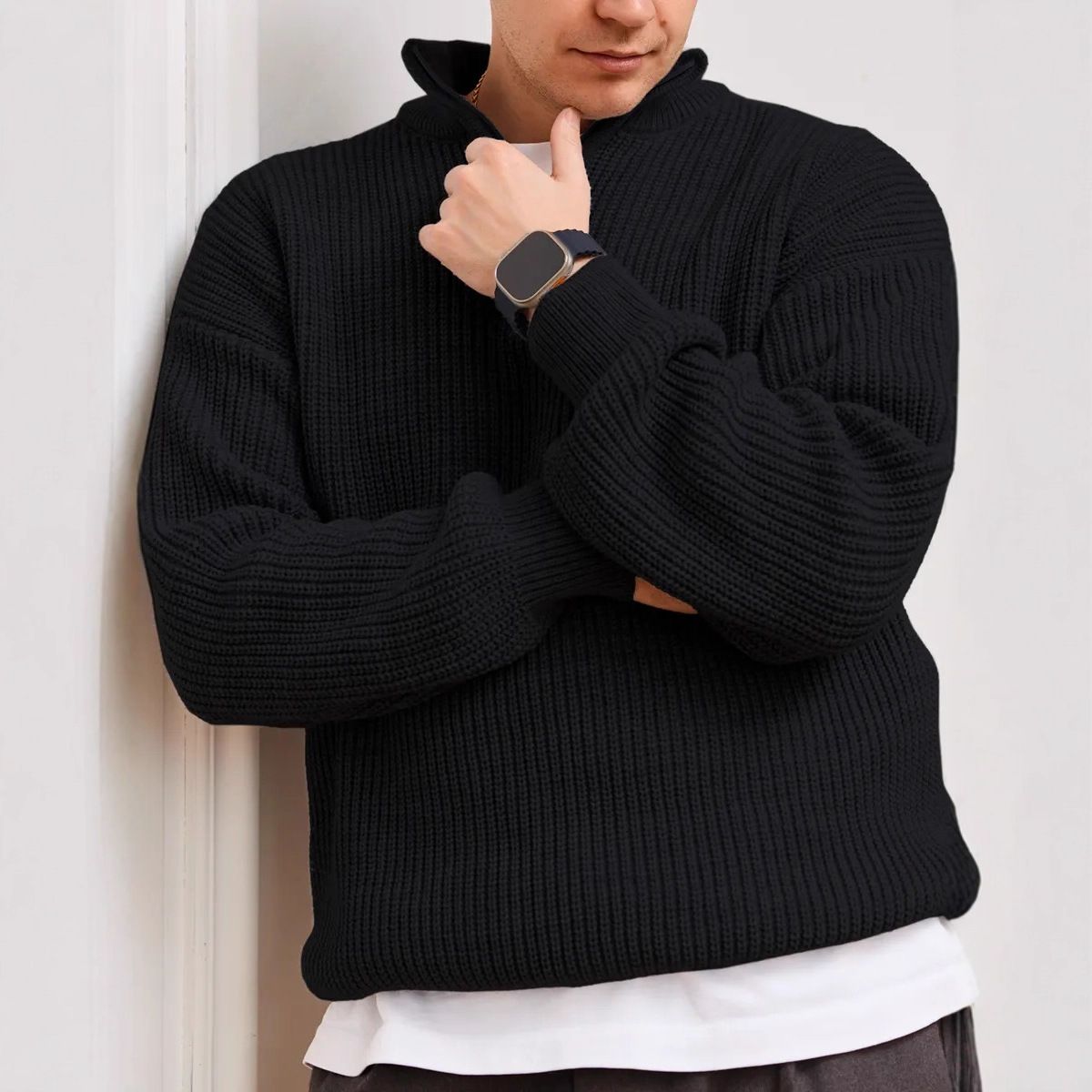 Men's Half-Zip Mock Neck Sweater - Classic Old Money Style Knit Pullover For Autumn & Winter_voghion.com