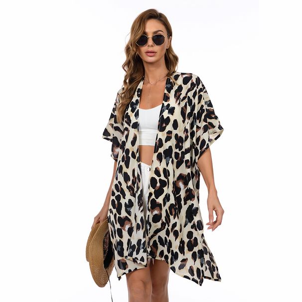 Cross-border European and American style plus size women's fashion leopard cardigan summer beach clothes sun protection clothes kimono cardigan_voghion.com