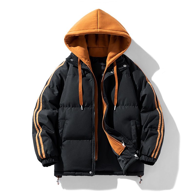 Herrenbekleidung Gestreifte Wattierte Jacke Mit Zweiteiligem Design Warmer Wintermantel Mit Kapuze Für Paare Lockere Passform Verdickte Baumwolloberbekleidung (Schwarz, Beige)​_voghion.com
