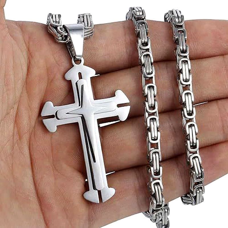 Colgante de cruz de titanio de tres capas, estilo hip hop, de acero inoxidable cubano, con cadena de hebilla cuadrada para hombre._voghion.com