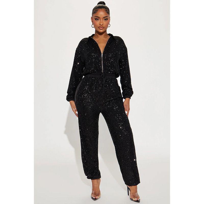 Roupas femininas outono novas roupas femininas outono e inverno lantejoulas sexy profundo decote em V manga comprida zíper macacão_voghion.com