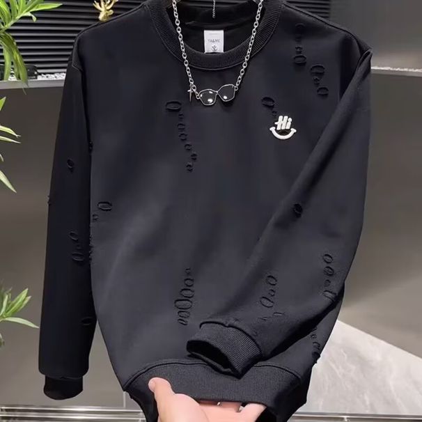 Smiley Embroidered Distressed Crewneck Sweatshirt – Oversized Streetwear Pullover For Men (Gray/Black/Caramel, M-3XL)_voghion.com