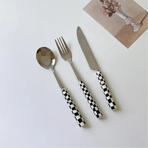 Ceramic Handle Cutlery - Checkerboard Design Tableware_voghion.com