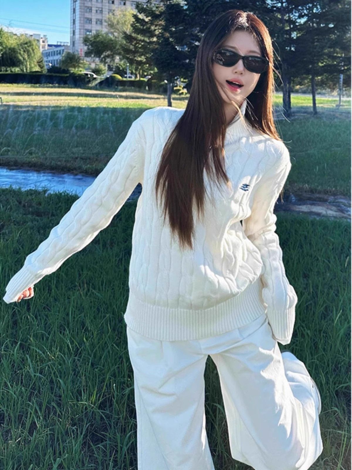 Trendy Half-Zip Knit Sweater For Women – Soft & Stylish Cable Pullover | Breathable Spandex Blend, Polo Collar, Relaxed Fit (White)_voghion.com