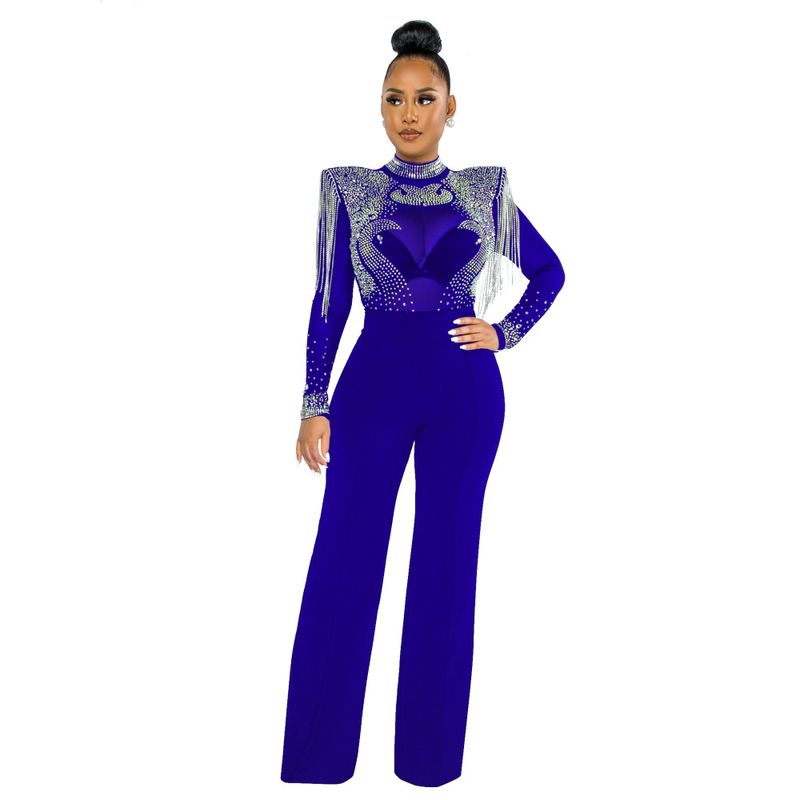 Abbigliamento da donna alla moda, sexy, casual, sottile, collo alto, trasparente, con strass e nappe, tuta per le donne_voghion.com
