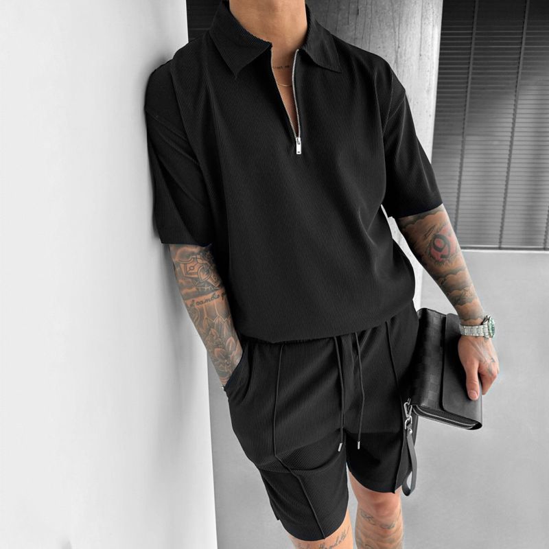Men's Clothing Summer Men's Clothing New Zipper Polo Casual Short Sleeve Drawstring Shorts Men's Suit_voghion.com