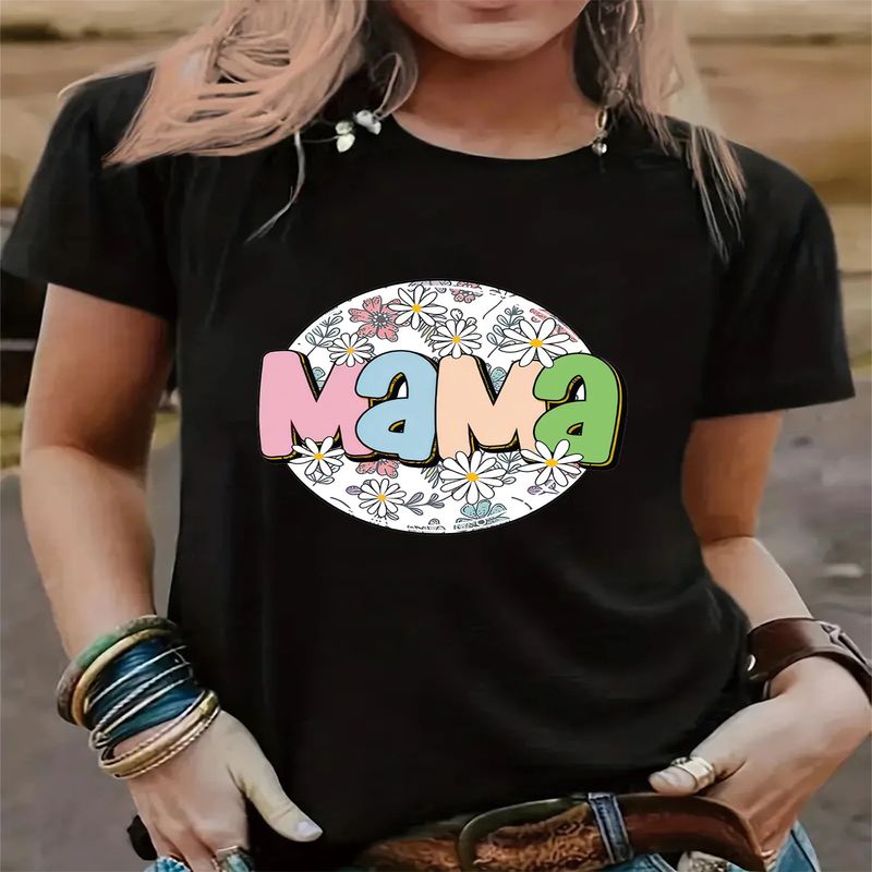 2024 Neit Mama Buschtaf a Chrysanthemen-Print T-Shirt Summer Fräizäit Gemittlecht Top mat Ronnem Hals fir Mammendag._voghion.com
