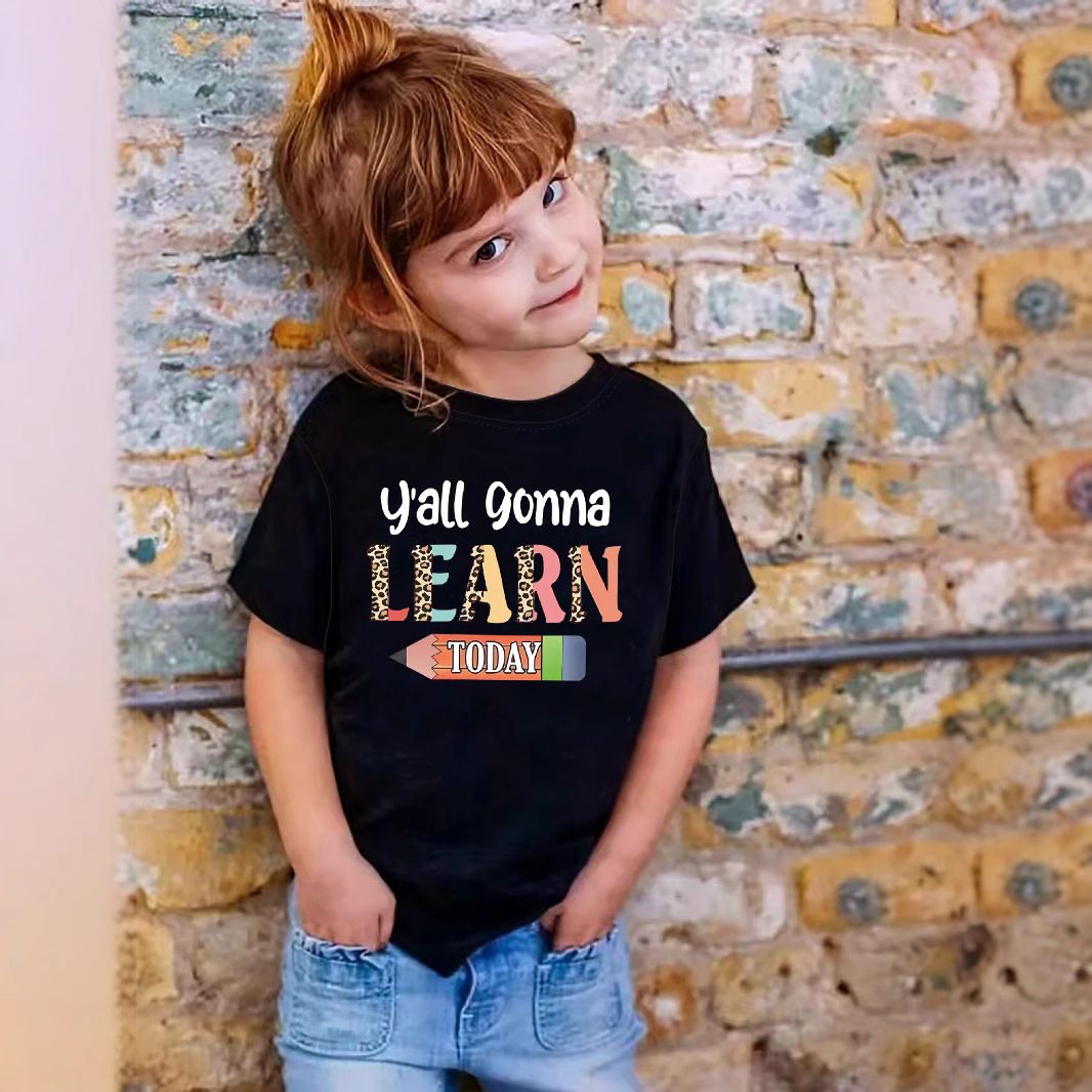 Kinderkleidung für Mädchen, T-Shirt mit Textmuster „LEARN“, Rundhalsausschnitt, kurzärmlig, Sommerkleidung für Kinder, geeignet für 1–8 Jahre_voghion.com