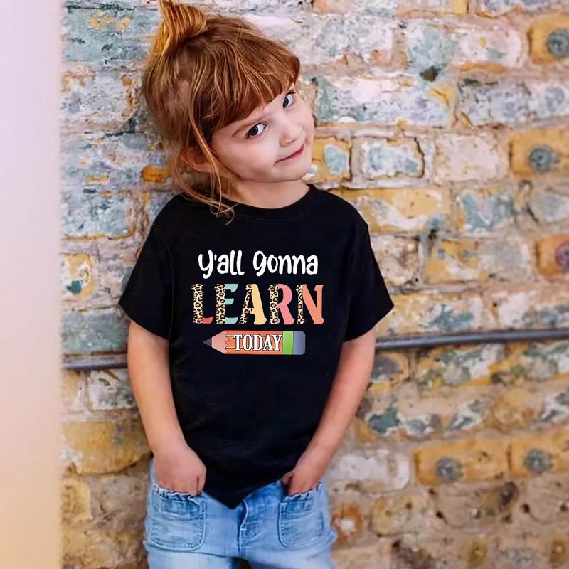 Ropa para niños Niñas LEARN Texto Estampado Patrón Cuello Redondo Manga Corta Camiseta Ropa de Verano para Niños Adecuada para 1 a 8 Años_voghion.com
