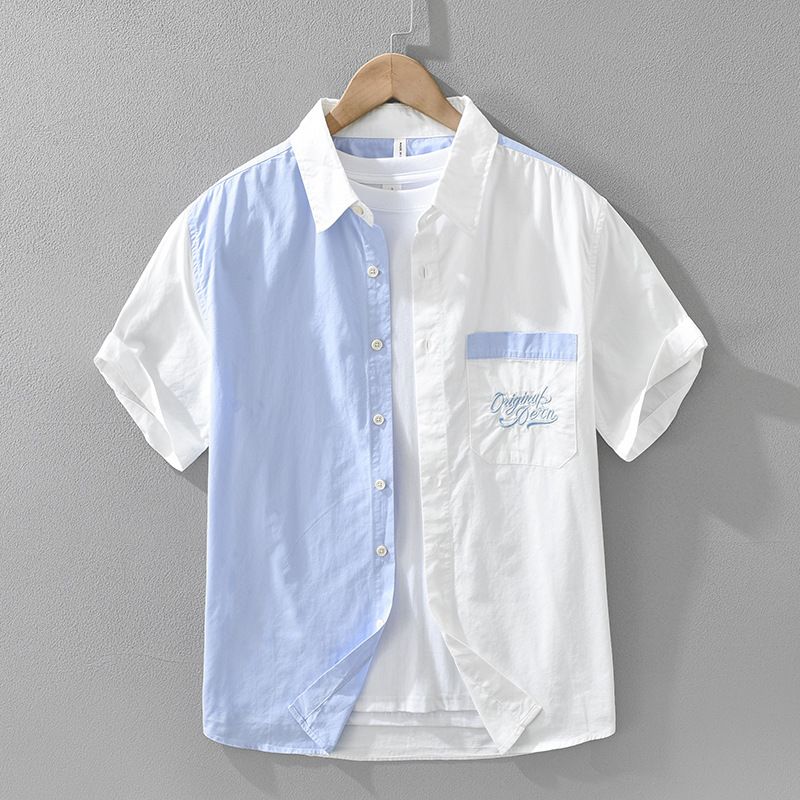 Splicing Embroidered Short Sleeved Shirt For Men, Fashionable And Versatile, Artistic And Casual Loose Top_voghion.com
