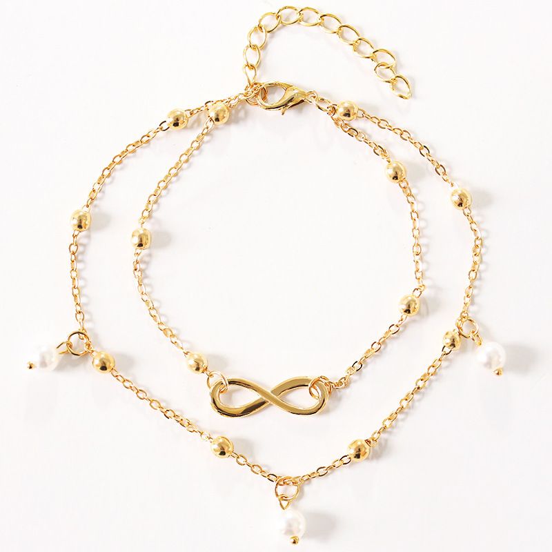 Fashion Pearl Figure-8 Anklet Jewelry Women Beaded Double Foot Chain Beach Footwear_voghion.com