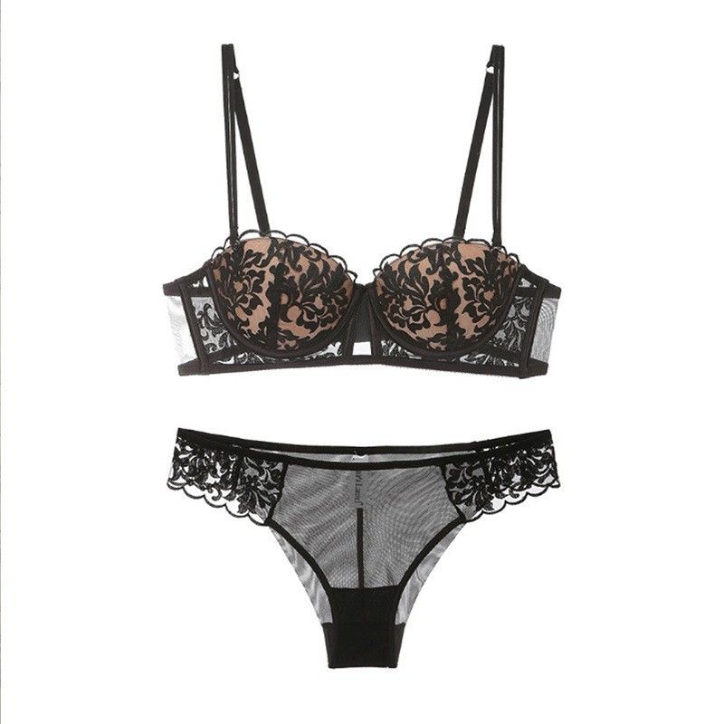 Biancheria intima in pizzo con ricamo francese, sottile, in cotone, mezza coppa, piccolo, arricciato, mostra il torace, grande, anti-caduta, set di reggiseni sexy_voghion.com
