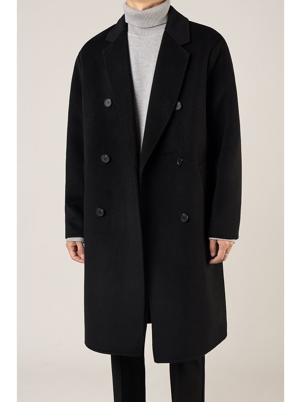 Langer, zweireihiger Wollmantel für Herren – Knielanger, locker sitzender Trenchcoat für den Winter (Schwarz, Braun)_voghion.com