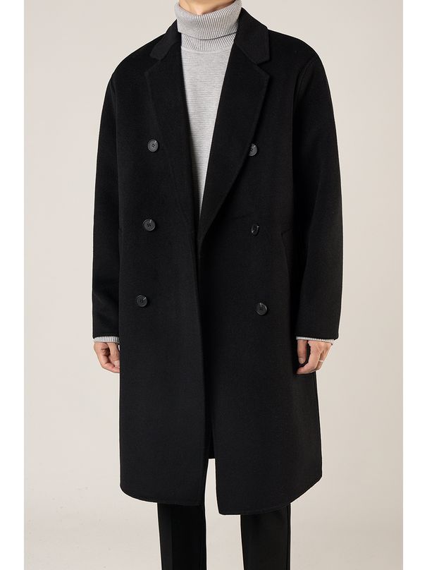 Langer, zweireihiger Wollmantel für Herren – Knielanger, locker sitzender Trenchcoat für den Winter (Schwarz, Braun)_voghion.com