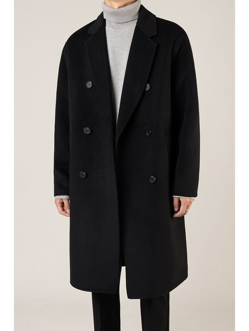 ​Langer, zweireihiger Wollmantel für Herren – Knielanger, locker sitzender Trenchcoat für den Winter (Schwarz, Braun)​_voghion.com