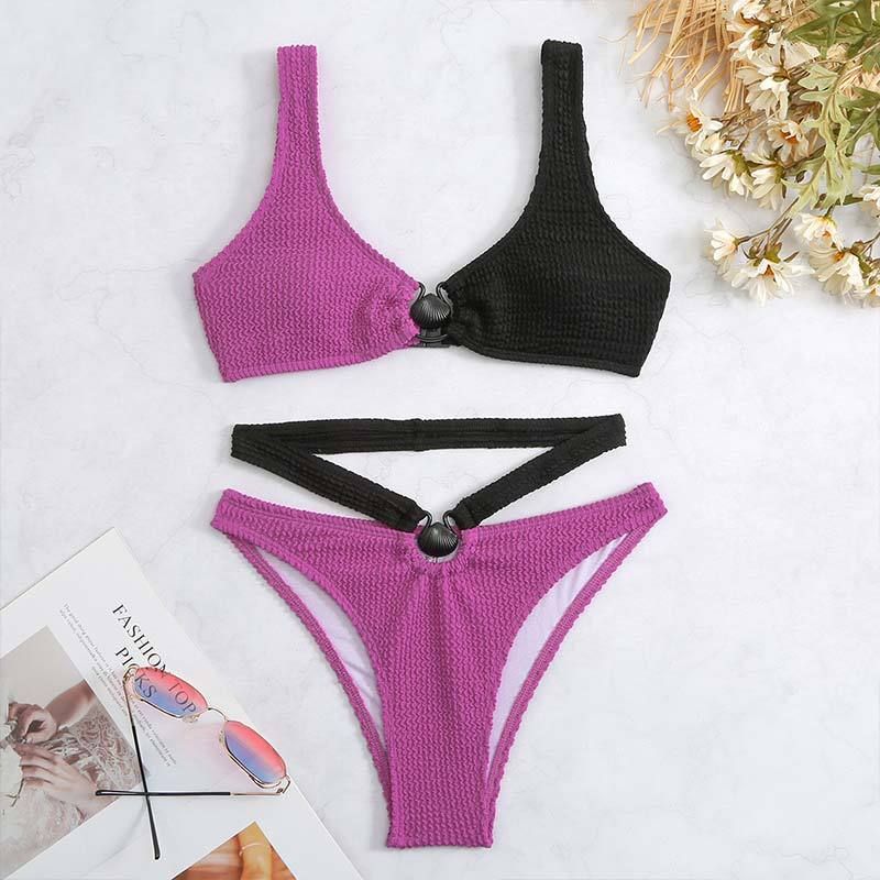 Qiao Jiayuan 2023 New Contrast Bikini Badedragt Dame Bølgemønster Split Badedragt_voghion.com