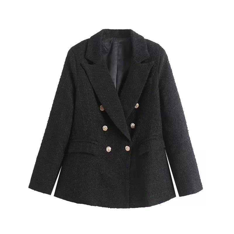 Abbigliamento da donna. Giacca da donna di media lunghezza a doppio petto con trama a 4 colori_voghion.com