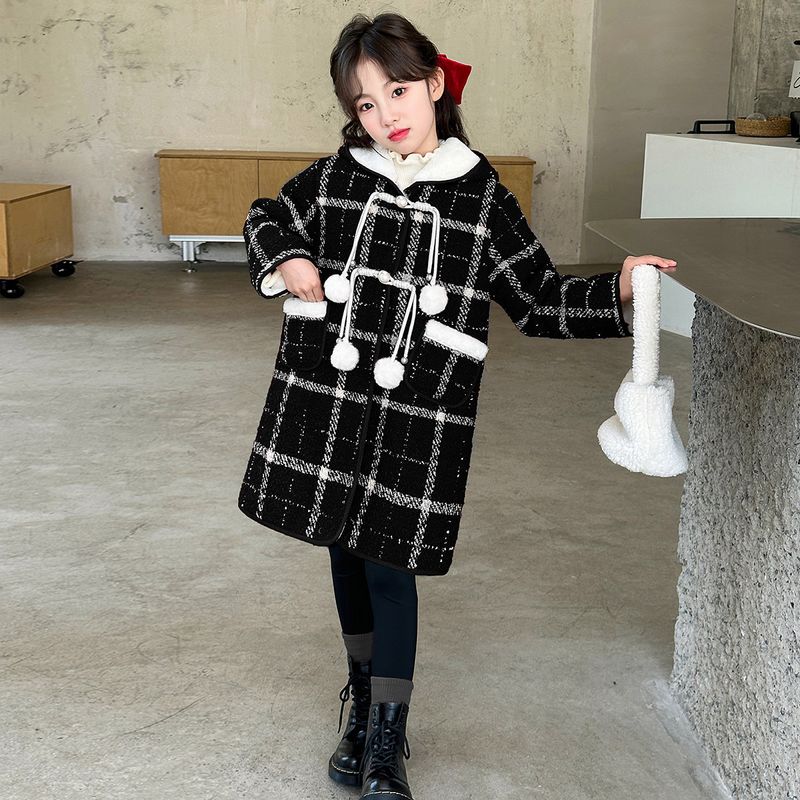 Mädchen 2024 Kinderkleidung Koreanische Version neuer Wollkaro und Samt dicker Wintermantel_voghion.com