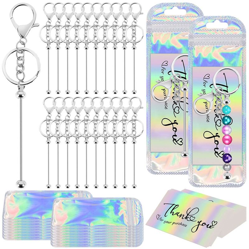 20 Sets Of Beaded Keychain Strips With 24 Resealable Bags And 24 Cards, Silver Bead Keychain DIY Pendants, Alloy Blank Keychain Accessories Bulk For Keychain Making Blank Beaded Metal DIY Craft Making_voghion.com