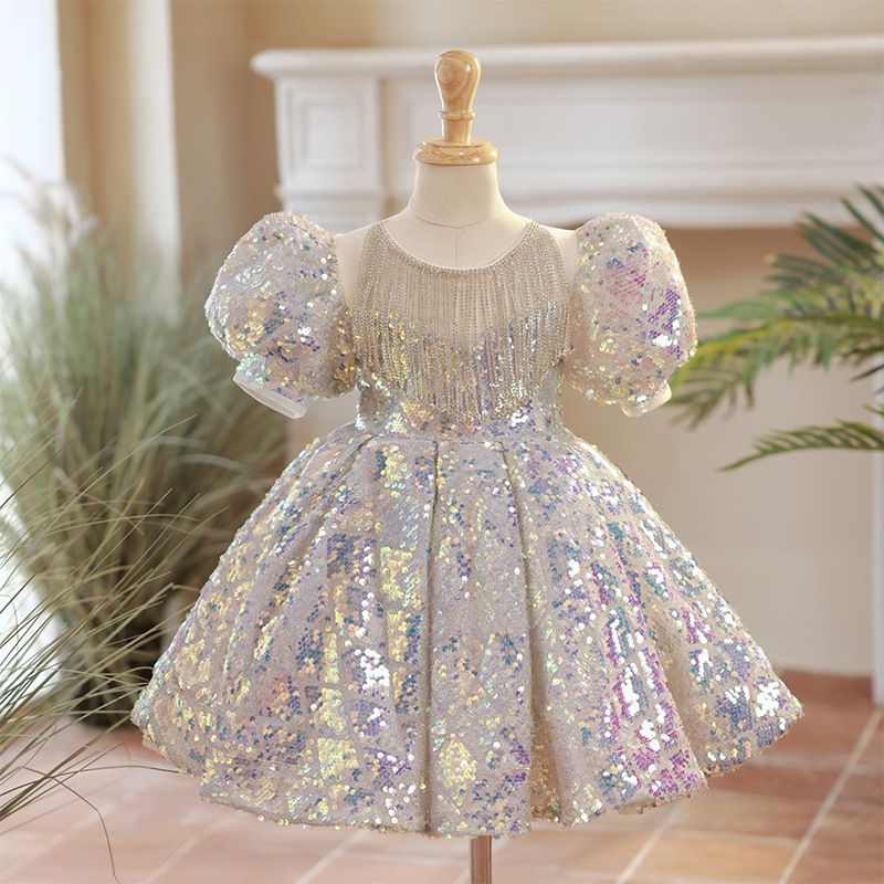 Vêtements pour enfants Robe de soirée pour filles Robe de demoiselle d'honneur Petite hôte Cadeau d'anniversaire Robe de princesse Robe de bébé fille d'un an Robe demi-jupe_voghion.com