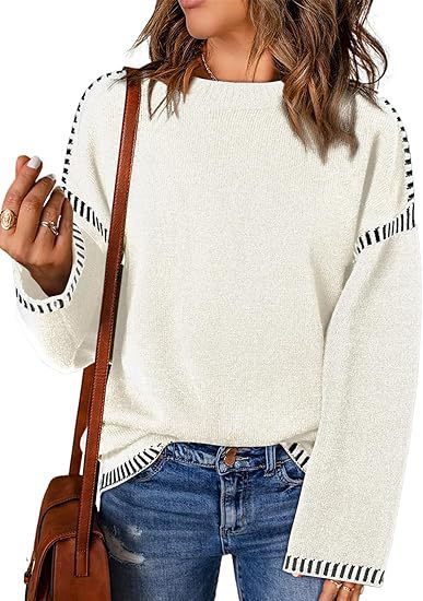 Women's Clothing Oversized Knit Sweater With Color-Block Detail – Cozy Acrylic Round-Neck Pullover For Women_voghion.com