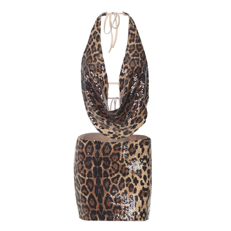 Vêtements pour femmes, nouvelle mode, personnalité, tendance, tir de rue, imprimé léopard, décolleté, jupe à paillettes, hanches_voghion.com