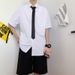 Summer Short Sleeve For Men White Korean Style Trendy Loose Solid Color Casual Student Uniform DK Shirt_voghion.com