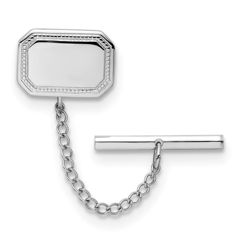 Kelly Waters Rhodium-plated Polished Rectangle Engravable Tie Tac With Safety Chain_voghion.com
