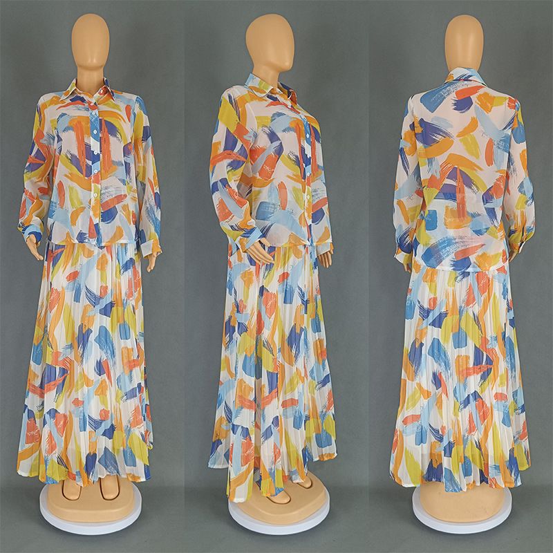 Women's Clothing Shirt Pleated Large Swing Large Size Top Dress Two Piece Set_voghion.com