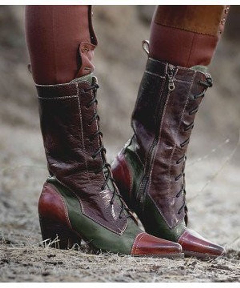 Suitable For All Seasons Cross Lace-Up Martin Mid-Heel Chunky Heel Plus Size Leather Women's Mid-Calf Boots_voghion.com