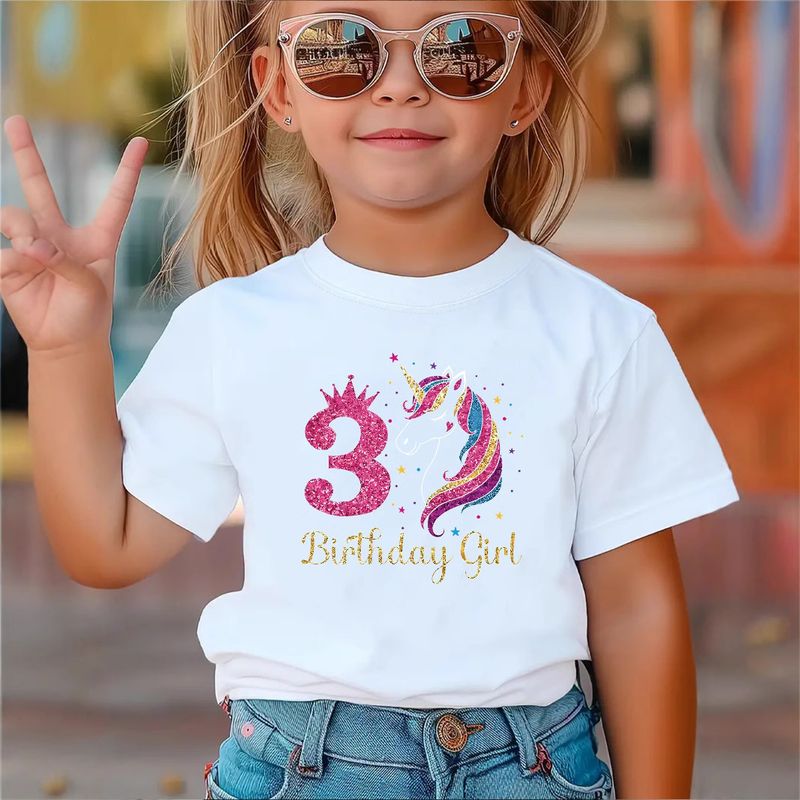 Kids’ Clothing Girls 3 Year Old Birthday Girl Colorful Unicorn Pattern Printed Short Sleeved T Shirt Suitable For 1 8 Years Old_voghion.com